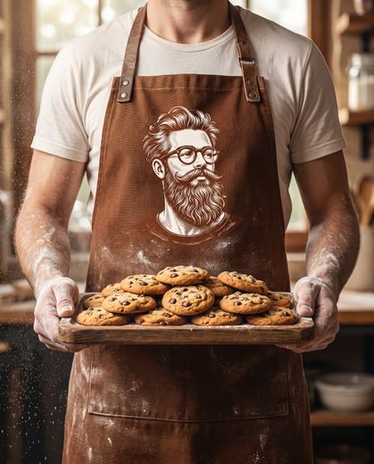 Panadero con mandil de Barbas sosteniendo una charola de galletas
