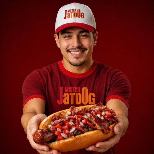 Persona con uniforme de Mister Jatdog sosteniendo un hot dog