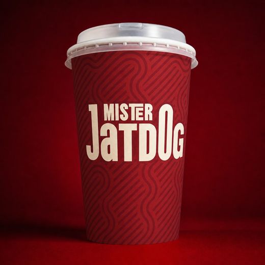 Vaso rojo con el logotipo de Mister Jatdog