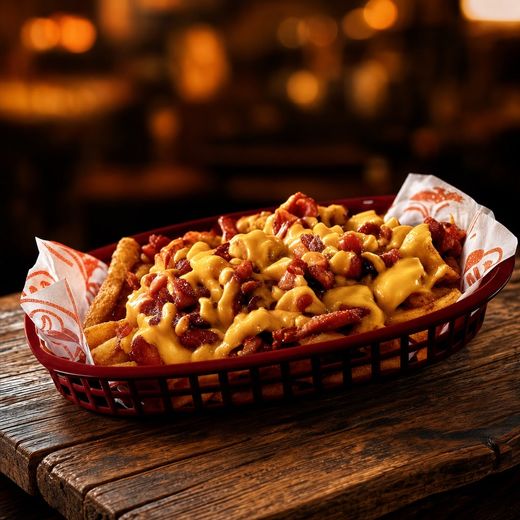 Canasta de papas fritas con queso y tocino sobre mesa de madera